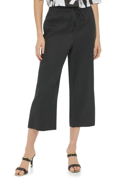 Dkny Pull-on Drawstring Crop Linen Trousers In Black