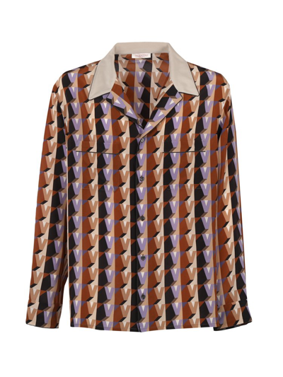 Valentino Men's Allover V-logo Silk Pajama Shirt In St. V Cubo Viola/marrone