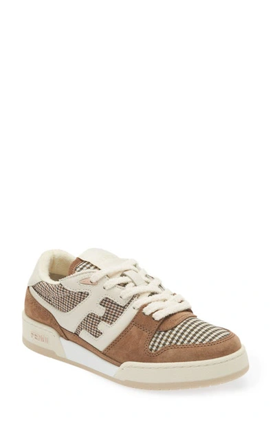 Fendi Match Houndstooth & Suede Low-top Sneakers In Brown