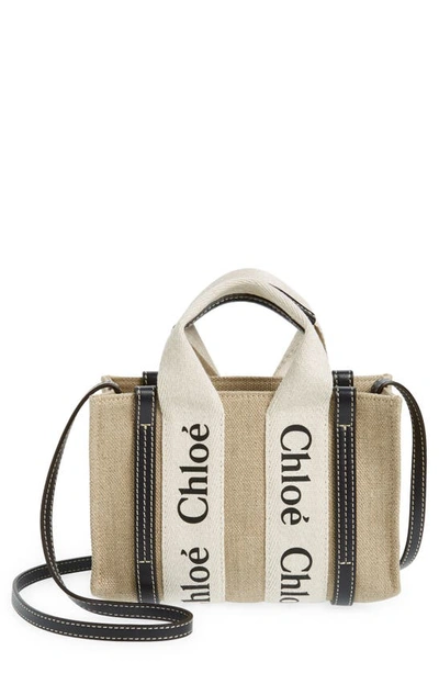 Chloé Woody Mini Eco Linen Tote Crossbody Bag In White Blue