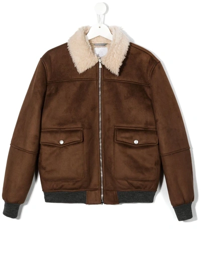 Eleventy Shearling-collar Detail Bomber Jacket In Brown