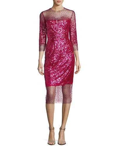 Monique Lhuillier Sequined Ombre Illusion 3/4-sleeve Dress In Magenta