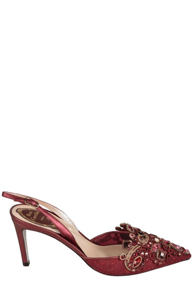 René Caovilla 85mm Embellished Lace Slingback Pumps In Red