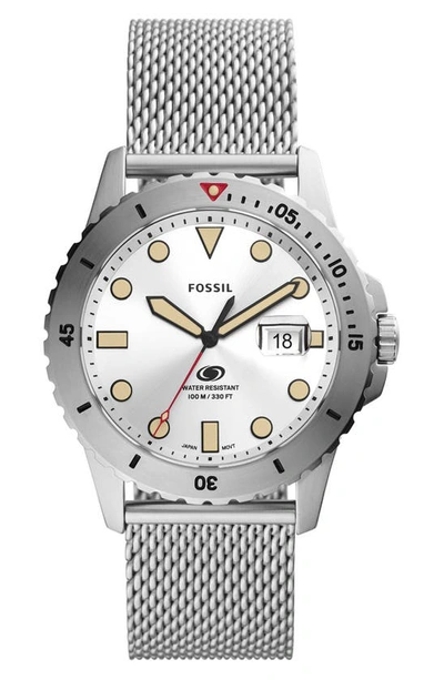 Fossil Blue Mesh Strap Watch, 42mm In Silver
