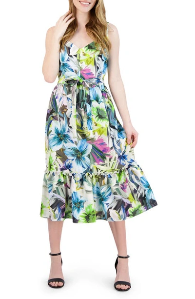 Donna Ricco Sweetheart Floral Print Belted Midi Dress In White Multi