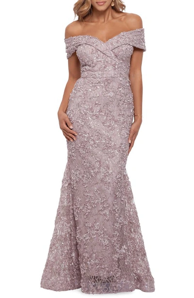Xscape Off The Shoulder Embroidered Gown In Taupe