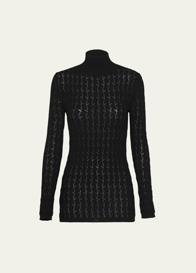Prada Lacy Knit Cotton Turtleneck In Black
