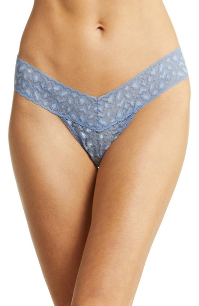 Hanky Panky Cross-dyed Leopard Low-rise Lace Thong In Stonewash/serenity Blue
