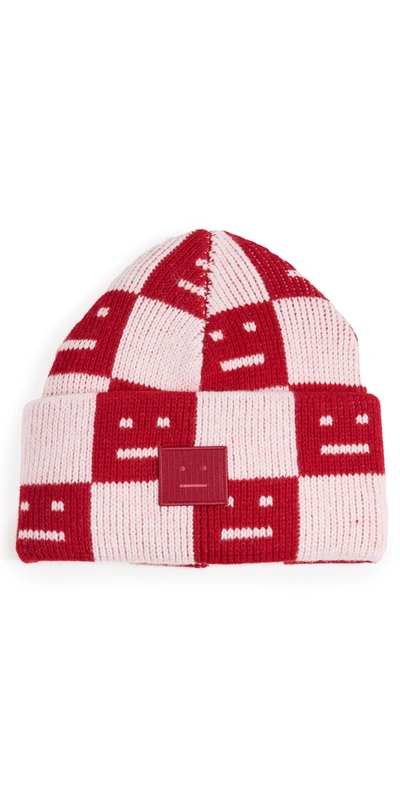 Acne Studios Kuri Face-print Wool Beanie Hat In Deep Red Faded Melange
