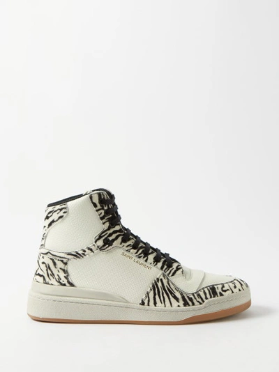 Saint Laurent Men's Sl/24 Mid-top Sneakers In Smooth Leather And Zebra Print Pony Effect Leather In White & Pony Ziger