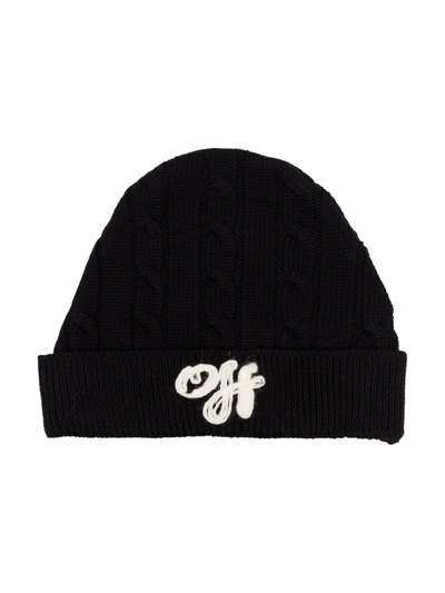 Off-white Kids' Cable-knit Embroidered-logo Beanie In Black