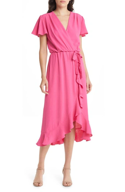 Fraiche By J Ruffle Faux Wrap Dress In Pink