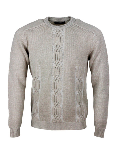 Kiton Long-sleeved Crew-neck Sweater In 100% Pure Cashmere With Braid And Vanisè Coloring In Blanco