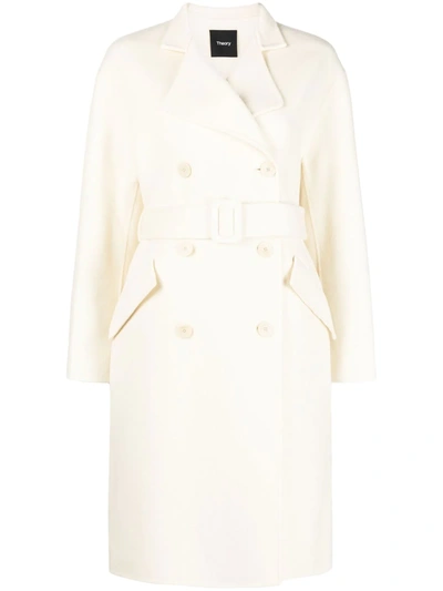 Theory Double-breasted Belted Coat In White