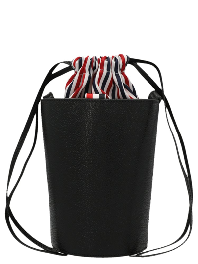 Thom Browne Rwb Stripe Detailed Drawstring Bucket Bag In Black