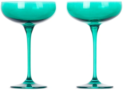 Estelle Colored Glass Green Champagne Coupe Set In Emerald Green