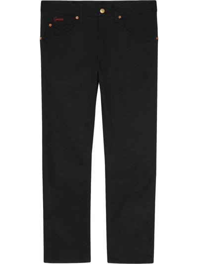 Gucci Embroidered-logo Straight-leg Trousers In Black