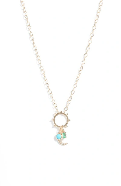 Anzie Dewdrop Marine Story Catcher Diamond Charm Necklace In Diamond/ Turquoise / Emerald