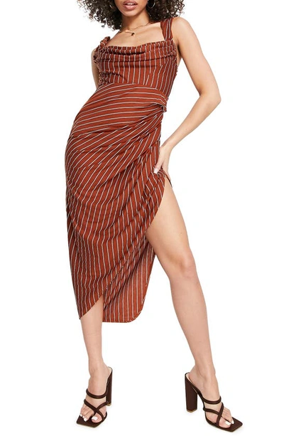 Asos Design Linen Drape Corset Midi Dress In Rust Stripe Print-multi