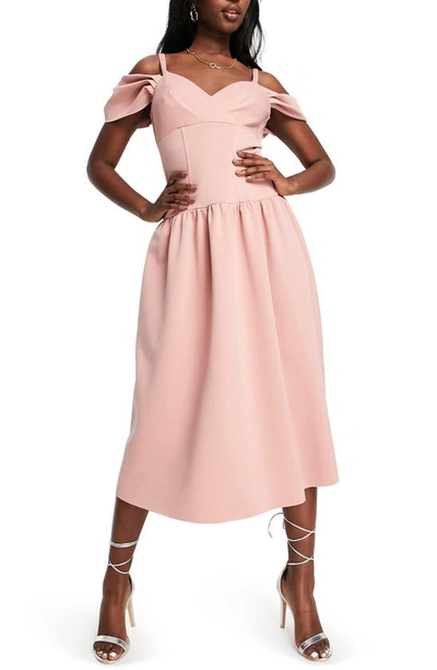 Asos Design Dropped Waist Cold Shoulder Midi Prom Dress In Rose-green