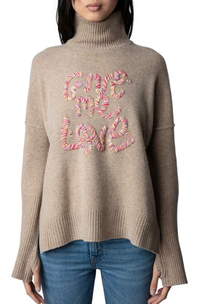Zadig & Voltaire Alma We Give Me Love Wool Turtleneck Sweater In Mastic