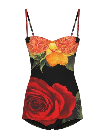 Dolce & Gabbana Rose-print Balconette One-piece Swimsuit In Multicolor