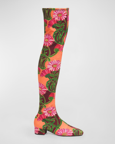 La Doublej Floral Stretch Over-the-knee Boots In Orange Gerber
