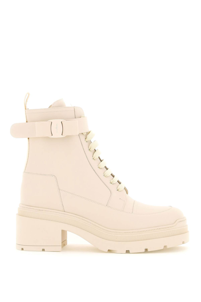 Ferragamo Leather Boots With Vara Bow In White,beige