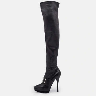Pre-owned Versace Black Leather Platform Thigh High Boots Size 41