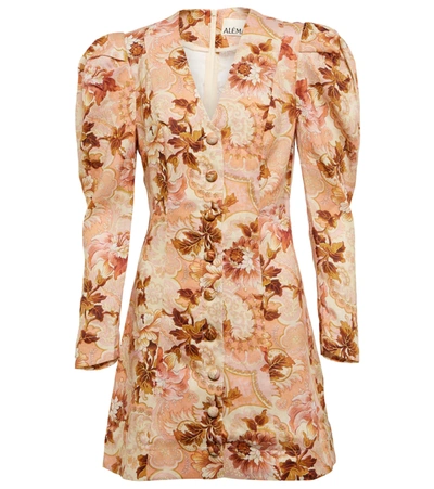 Alemais Phillipa Floral Print Puff Sleeve Linen Minidress In Brown,floral
