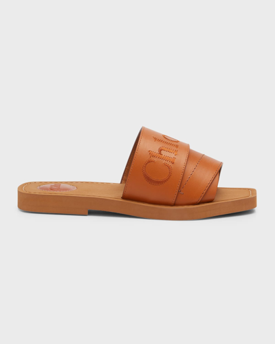 Chloé Woody Embroidered Logo Flat Sandals In Orange