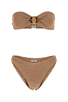 Hunza G + Net Sustain Flora Embellished Metallic Seersucker Bandeau Bikini In Brown