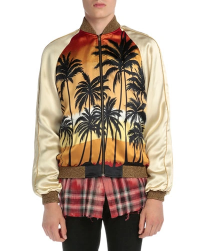 Saint Laurent Palm Tree-print Satin Bomber Jacket, Multi | ModeSens