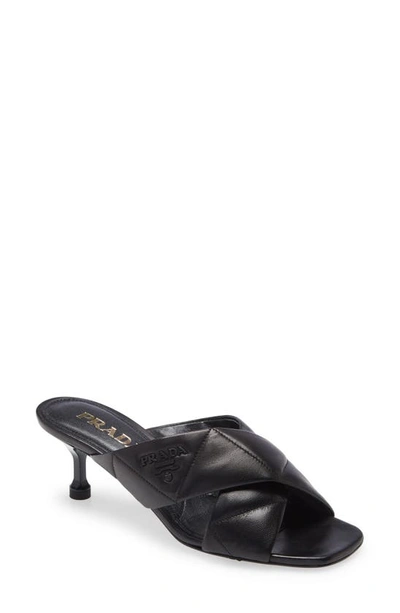 Prada Logo Matelassé Slide Sandal In Black