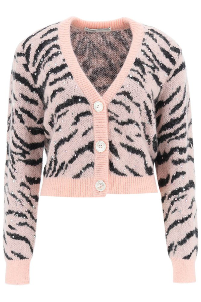 Alessandra Rich Pink Zebra Intarsia Crystal Embellished Cardigan
