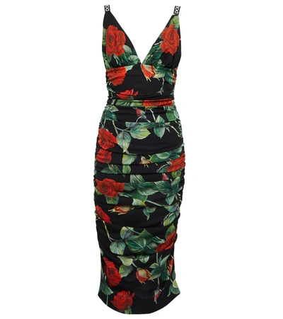 Dolce & Gabbana Floral-print Ruched Silk Charmeuse Midi Dress In Multicolor