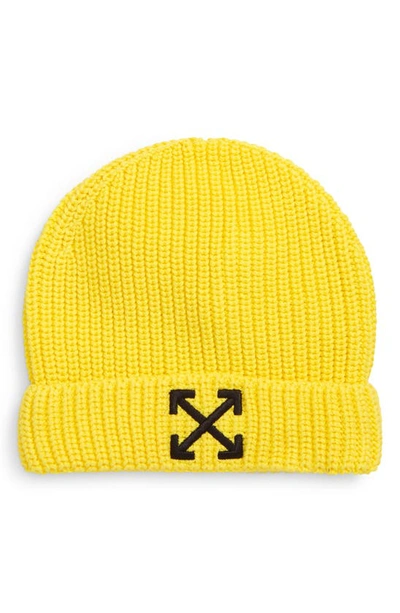 Off-white Kids' Embroidered Logo Cotton Beanie Hat In Yellow