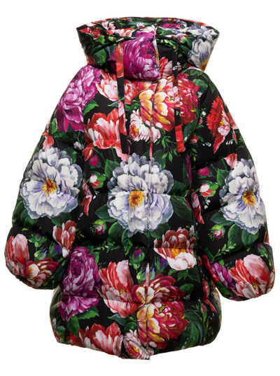 Dolce & Gabbana Flower Printed Nylon Puffer Jacket In Multicolor