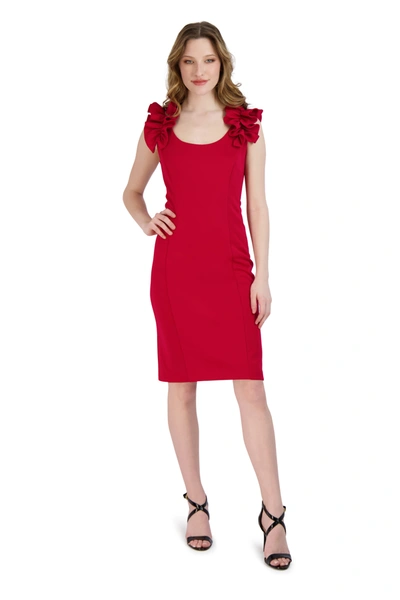 Donna Ricco Sleeveless Ruffle Shoulder Midi Dress In Red