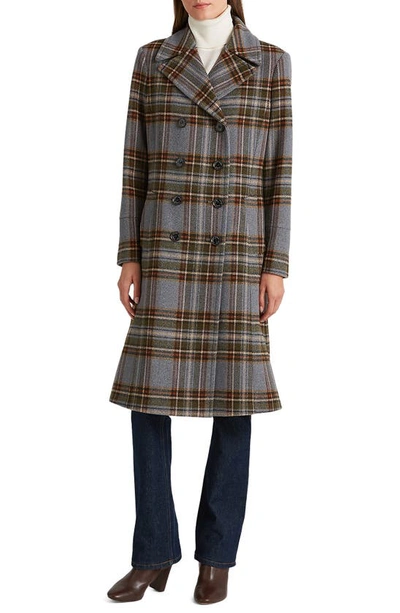 Lauren Ralph Lauren Plaid Double Breasted Wool Blend Long Coat In Highland Tartan