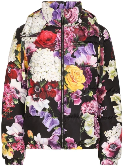 Dolce & Gabbana Nylon Down Jacket With Hydrangea And Floral Print In Black
