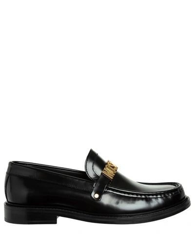 Moschino Men's College Metal Logo Leather Loafers In Black