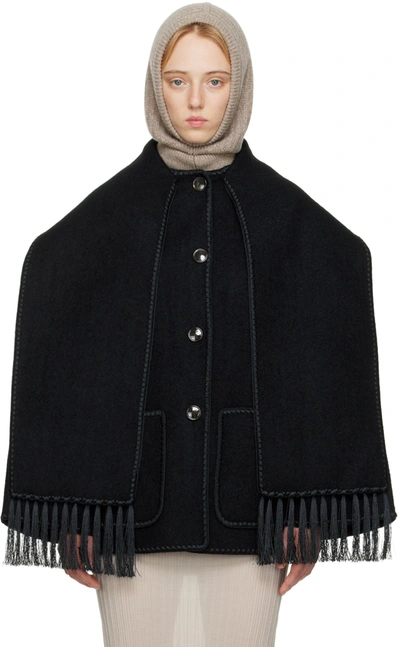 Totême Embroidered Fringe-trim Scarf Wool Jacket In Black