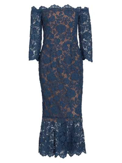 Marchesa Notte Off-the-shoulder Lace Fit-&-flare Midi Dress In Blue