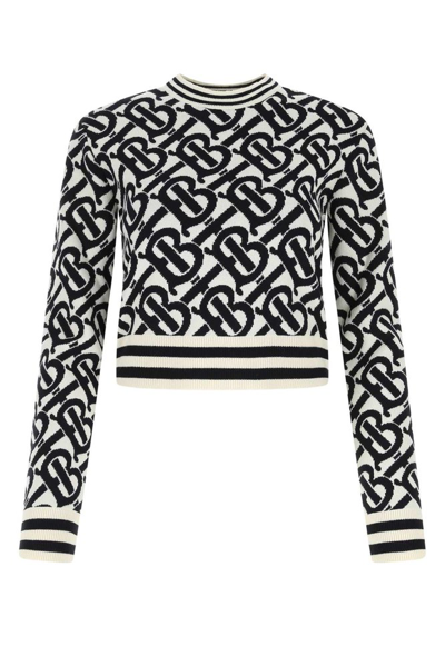 Burberry Mackenzie Tb Logo Jacquard Wool Blend Crop Sweater In White