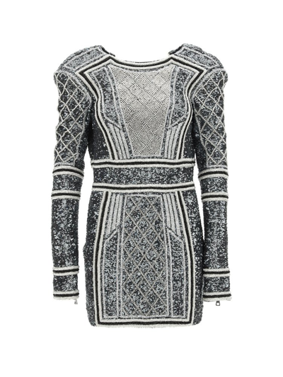 Balmain Sequin Embroidered Strong-shoulder Mini Dress In Black