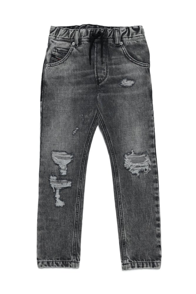 Diesel Kids' Krooley Tapered Jeans Grigio Con Rotture In Black