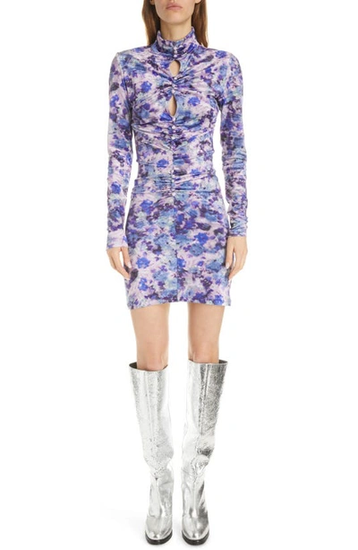 Isabel Marant Cutout Ruched Floral Print Stretch-velvet Mini Dress In Purple