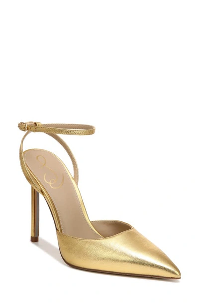 Sam Edelman Women's Avril Ankle Strap Pointed Toe High Heel Pumps In Metallic Gold Mine