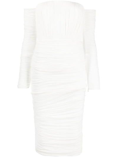 Alex Perry Sterling Ruched Long Sleeve Off Shoulder Dress In White